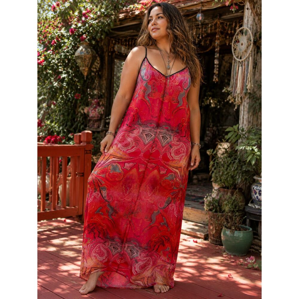 Red Paisley Maxi Slip Dress Boho  soft night gown Beach Cover Up Plus Size 2X